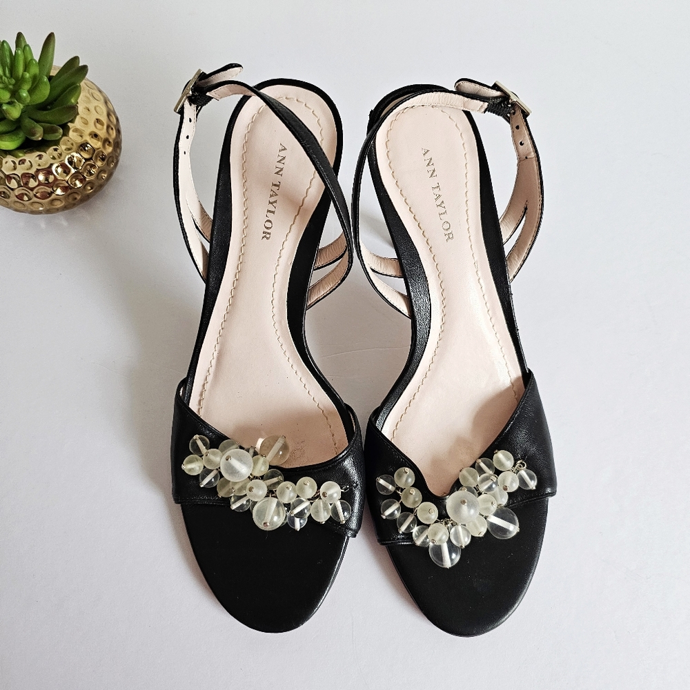 Ann Taylor Black Genuine Leather Beaded Slingback Heel Sandals 8M Brazil Made